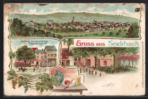 Lithographie Frankfurt-Seckbach, Gasthaus zur neuen Anlage, Inh. Philipp Goldschmidt