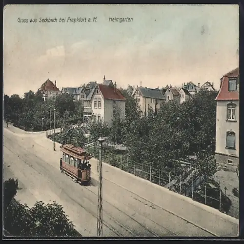 AK Seckbach bei Frankfurt a. M., Heimgarten mit Strassenbahn