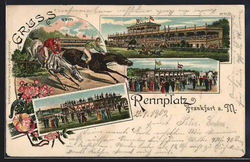 Lithographie Motive von der Pferderennbahn, Totalisator, Zweikampf an der Hecke