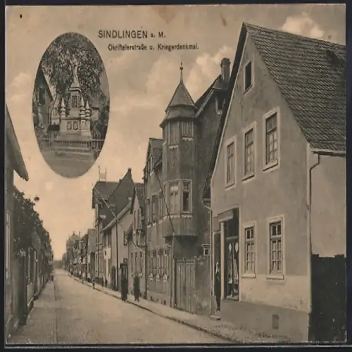 AK Sindlingen a. M., Okriftelerstrasse u. Kriegerdenkmal