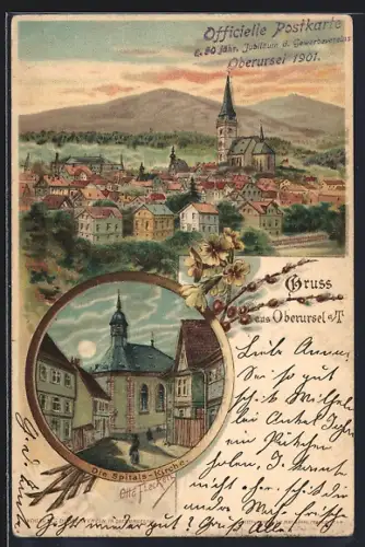 Mondschein-Lithographie Oberursel a. T., Spitals-Kirche, 50 jähr. Jubiläum d. Gerwerbevereins 1901