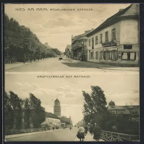 AK Frankfurt-Nied, Rödelheimer Strasse und Haupstrasse mit Rathaus