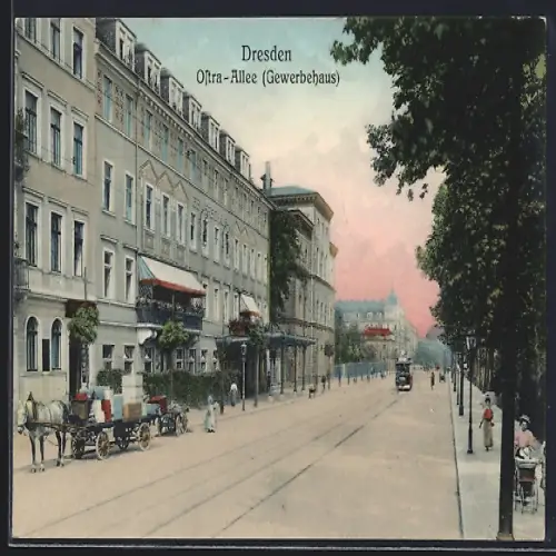 AK Dresden, Ostra-Allee mit Gewerbehaus, Strassenbahn