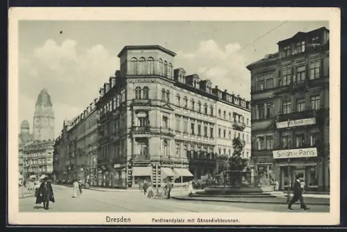 AK Dresden, Ferdinandplatz mit Gänsediebbrunnen