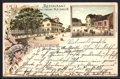 Lithographie Frankfurt-Fechenheim /Hessen, Restaurant zur neuen Mainkur