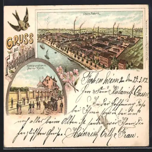 Lithographie Frankfurt-Fechenheim, Restaurant v. Heinr. Klein, Chem. Fabrik am Fluss