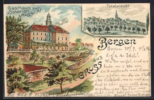 Lithographie Bergen / Hanau, Gasthaus zur Schönen Aussicht, Totalansicht