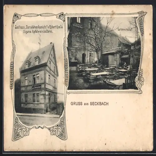 AK Frankfurt-Seckbach, Gasthaus Zur schönen Aussicht v. Robert Koelle, Sitzplätze im Garten