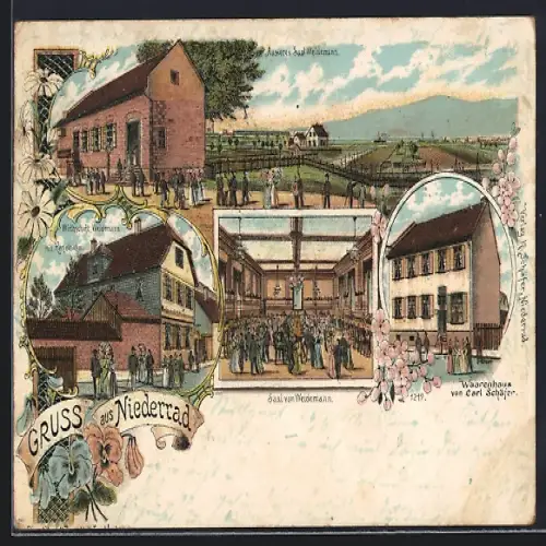 Lithographie Frankfurt-Niederrad, Waarenhaus von Carl Schäfer, Gasthaus Weidemann