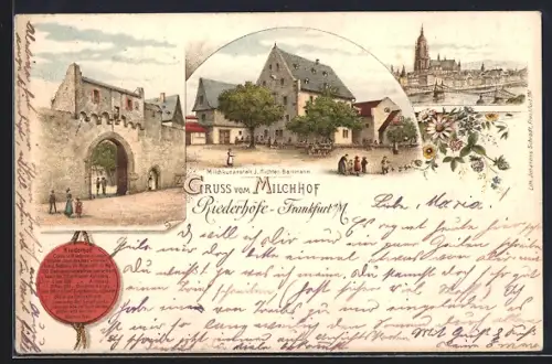 Lithographie Frankfurt-Ostend, Milchhof, Milchkuranstalt J. Richter-Bartmann, Riederhof