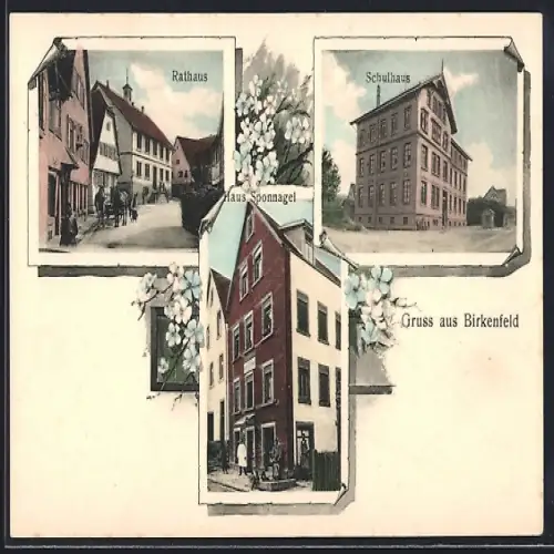 AK Birkenfeld / Württ., Gasthaus Sponnagel, Rathaus, Schulhaus