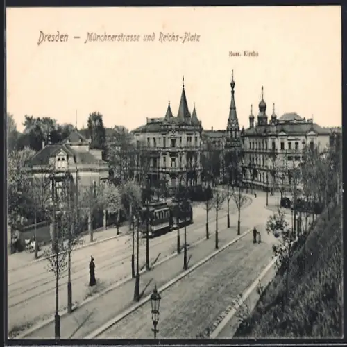 AK Dresden, Münchnerstrasse und Reichs-Platz mit Strassenbahn