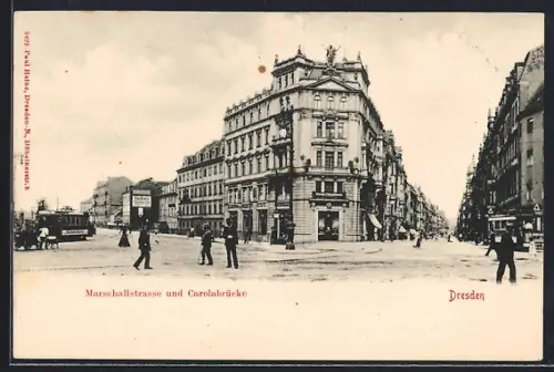 AK Dresden, Strasseneck an der Marschallstrasse, Strassenbahn