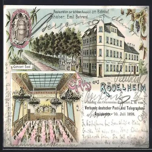 Lithographie Frankfurt-Rödelheim, Restauration zur schönen Aussicht am Bahnhof, Concert-Saal