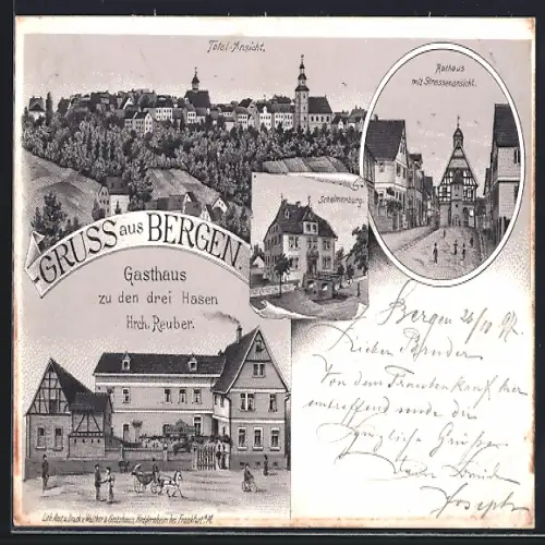 Lithographie Frankfurt-Bergen-Enkheim, Totalansicht, Rathaus mit Strassenansicht, Schelmenburg