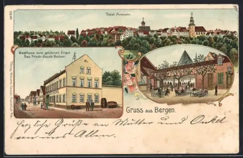 Lithographie Bergen / Hanau, Gasthaus zum goldenen Engel, Bes. Friedr. Jacob Becker, Totalansicht