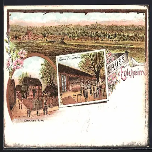 Lithographie Frankfurt-Bergen-Enkheim, Gasthaus zur Sonne, Garten und Kegelbahn, Totalansicht