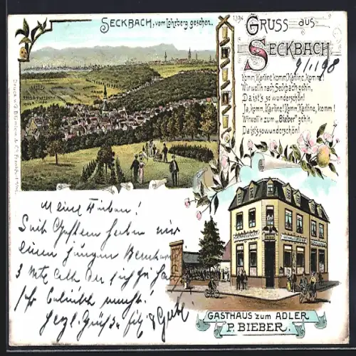 Lithographie Frankfurt-Seckbach, Gasthaus zum Adler von P. Bieber