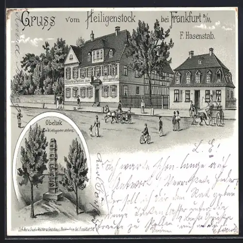 Lithographie Frankfurt-Seckbach, Restaurant Zum Heiligenstock, Gasthaus F. Hasenstab, Statue von Obelisk