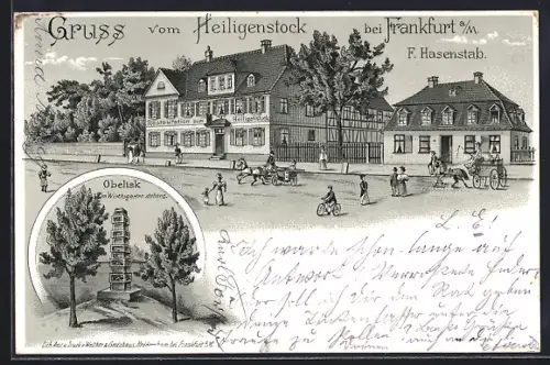Lithographie Frankfurt-Seckbach, Restaurant Zum Heiligenstock, Gasthaus F. Hasenstab, Statue von Obelisk