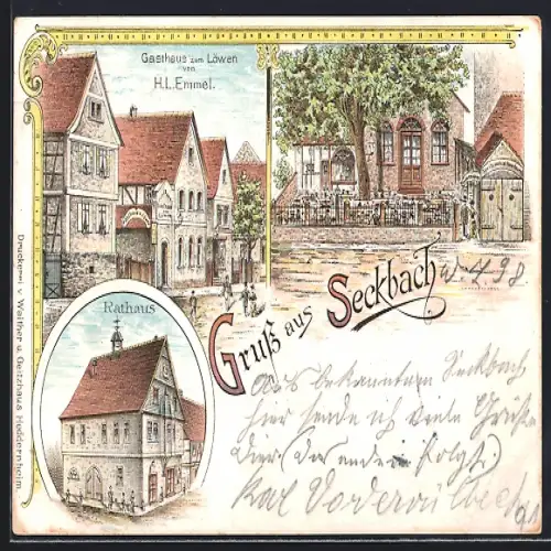 Lithographie Frankfurt-Seckbach, Gasthaus zum Löwen, Bes. H. L. Emmel, Rathaus