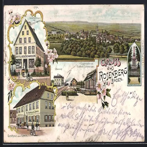 Lithographie Rosenberg /Baden, Geschäftshaus und Lagerhalle v. Gottlieb Schweizer, Gasthaus zum Lamm, Bahnhof