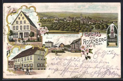 Lithographie Rosenberg /Baden, Geschäftshaus und Lagerhalle v. Gottlieb Schweizer, Gasthaus zum Lamm, Bahnhof