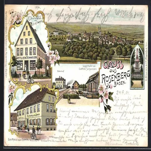 Lithographie Rosenberg /Baden, Geschäftshaus und Lagerhalle v. Gottlieb Schweizer, Gasthaus zum Lamm, Bahnhof