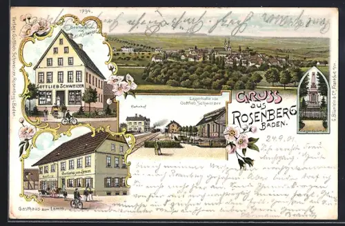 Lithographie Rosenberg /Baden, Geschäftshaus und Lagerhalle v. Gottlieb Schweizer, Gasthaus zum Lamm, Bahnhof