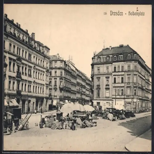 AK Dresden, Strasseneck am Holbeinplatz mit Marktständen
