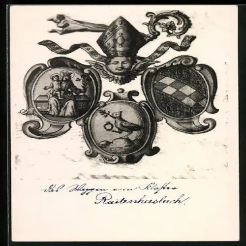 Künstler-AK Raitenhaslach, Bischof, Wappen, Vogel mit Ring