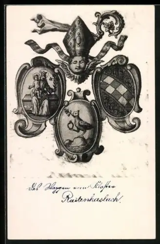 Künstler-AK Raitenhaslach, Bischof, Wappen, Vogel mit Ring