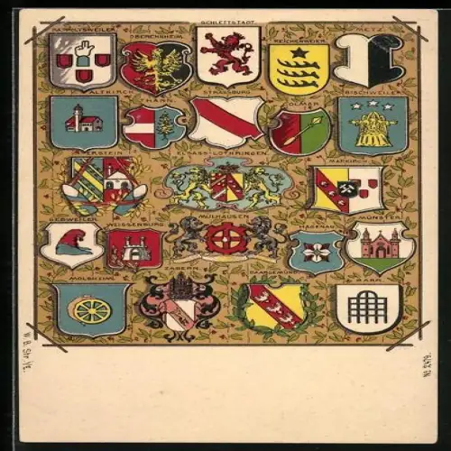 Künstler-AK Elsass-Lothringen, Wappen der Städte der Region