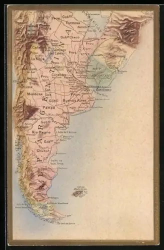 Präge-AK Landkarte Argentinien in goldenem Rahmen
