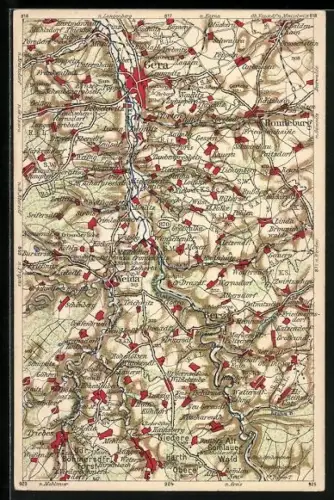 Künstler-AK Gera, Landkarte mit Ronneburg, Berga und Weida