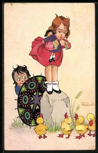 Künstler-AK sign. Asta Drucker: Mädchen steht auf einem Stein, Kind versteckt sich vor Küken hinter einem Schild