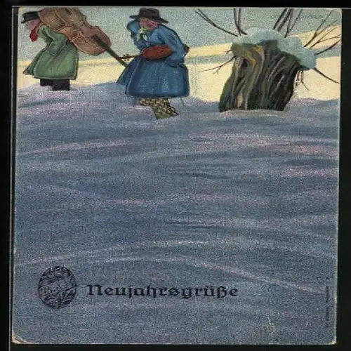Künstler-AK sign. Otto Dura: Musikanten in einer winterlichen Landschaft, Neujahrsgrüsse