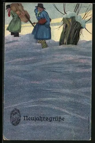 Künstler-AK sign. Otto Dura: Musikanten in einer winterlichen Landschaft, Neujahrsgrüsse