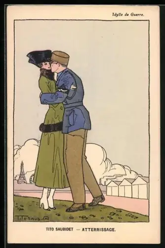 Künstler-AK sign. Tito Saubidet: Soldat in Uniform verabschiedet sich von seiner Frau, Atterissage