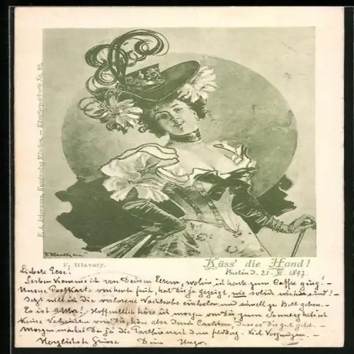 Künstler-AK sign. F. Hlavaty: Elegante Frau in tailliertem Kleid mit Hut, Küss` die Hand