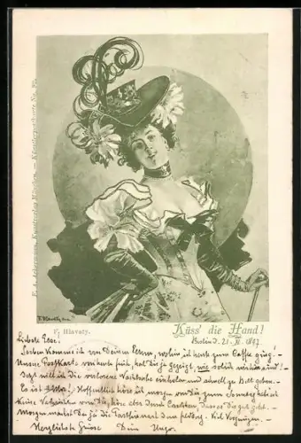 Künstler-AK sign. F. Hlavaty: Elegante Frau in tailliertem Kleid mit Hut, Küss` die Hand