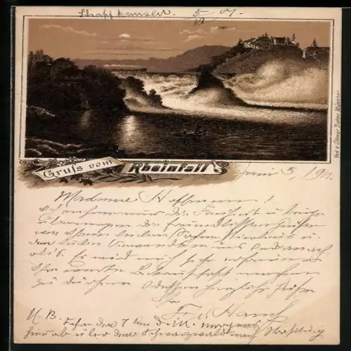 Mondschein-Lithographie Rheinfall, Boot im Vollmondlicht vor dem Wasserfall
