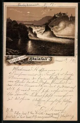 Mondschein-Lithographie Rheinfall, Boot im Vollmondlicht vor dem Wasserfall