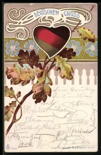 Lithographie Deutschen Gruss, Schwarz-rot-goldenes Herz und Eichenlaub