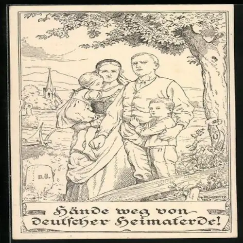Künstler-AK Heimatverlag Graz, Familie mit zwei Kindern, Hände weg von Deutscher Heimaterde