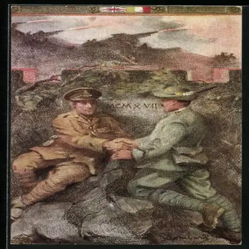 Künstler-AK Gefechtsszene, Artillerie - Geschütze feuern auf Feindstellung, britischer & italienischer Soldat in Deckung