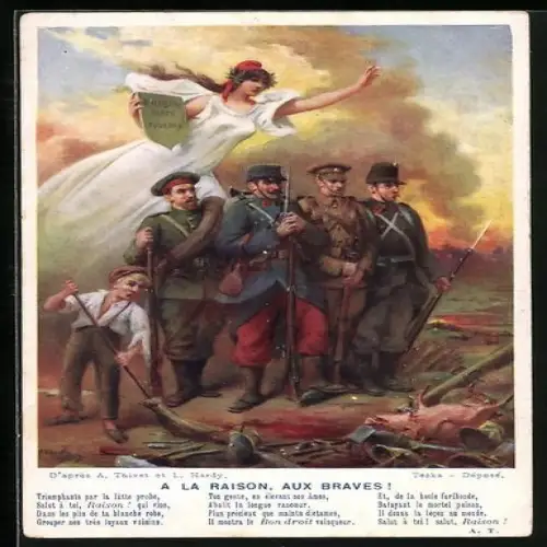 Künstler-AK Soldaten verschiedener Länder mit Marianne, A la raise, aux braves