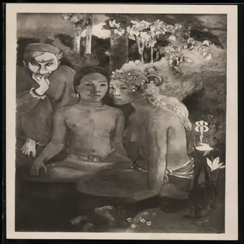 Künstler-AK sign. Paul Gaugin: Zwei Frauen sitzen auf einer Blumenwiese, Contes barbares