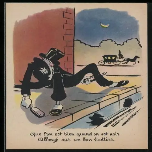 Künstler-AK Betrunkener Mann sitzt mit leeren Flaschen auf dem Boden, Que l`on est bien quand on est noir...
