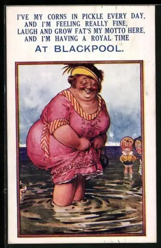 Künstler-AK Blackpool, Lachende Frau im steht im Wasser, I`ve my corns in pickle every day, and I`m feeling...